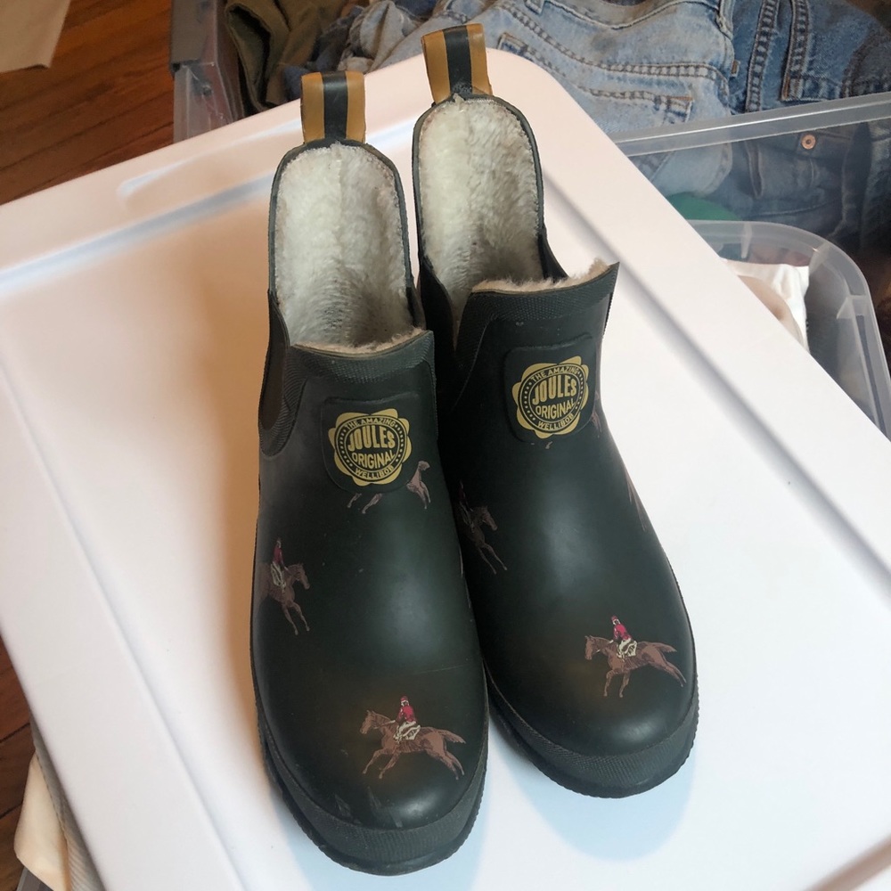 Joules Original Wellibob Chelsea Rain Boot Army Green Mustard Jockey Print Sz 8